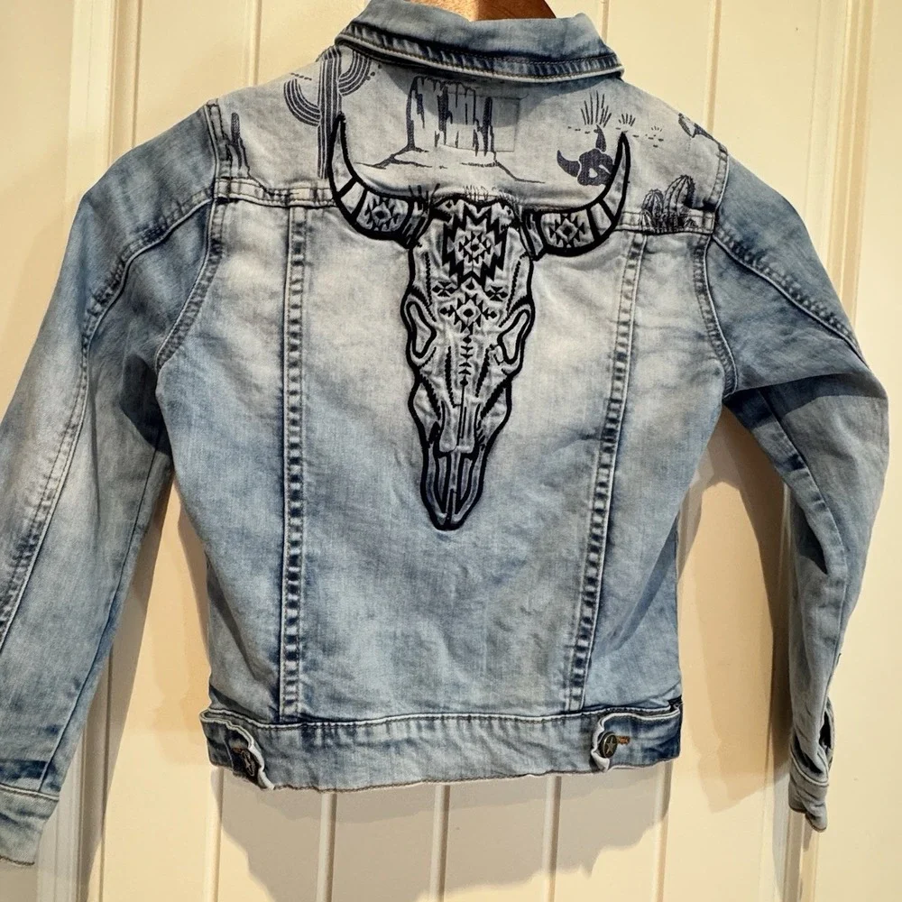 Desigual Girls 7/8 Western‎ Denim Jacket Bull Skull Embroidered Rodeo
